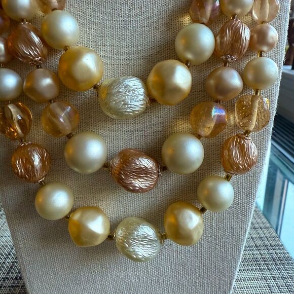 Vintage Triple Strand Japan Signed Faux Pearl, Crystal, Silk,Glass Bead Necklace - Picture 3 of 7